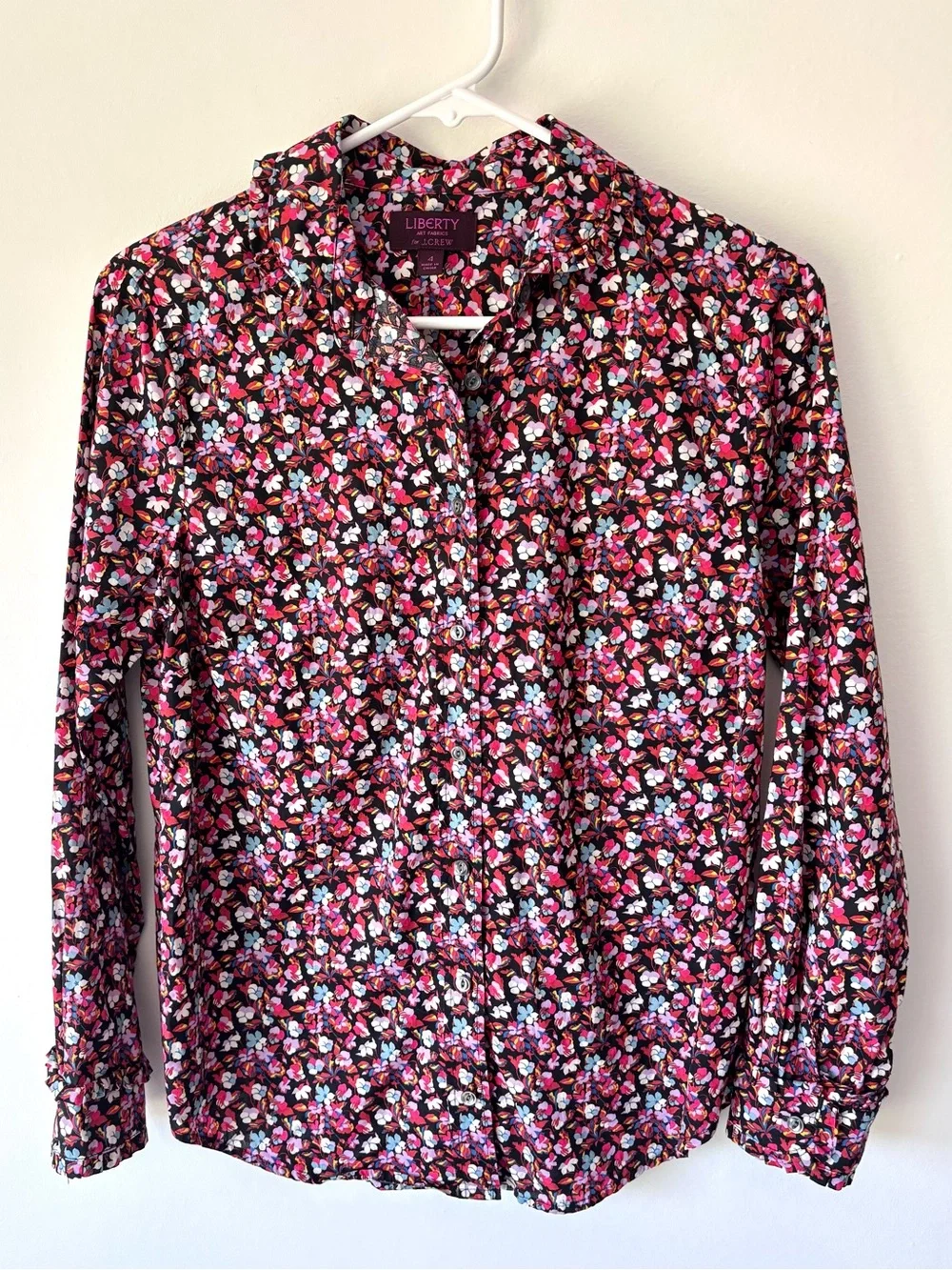 J. Crew Liberty Floral Print Sarah Button Down Front Neck Tie Preppy Black Pink - Picture 2 of 12